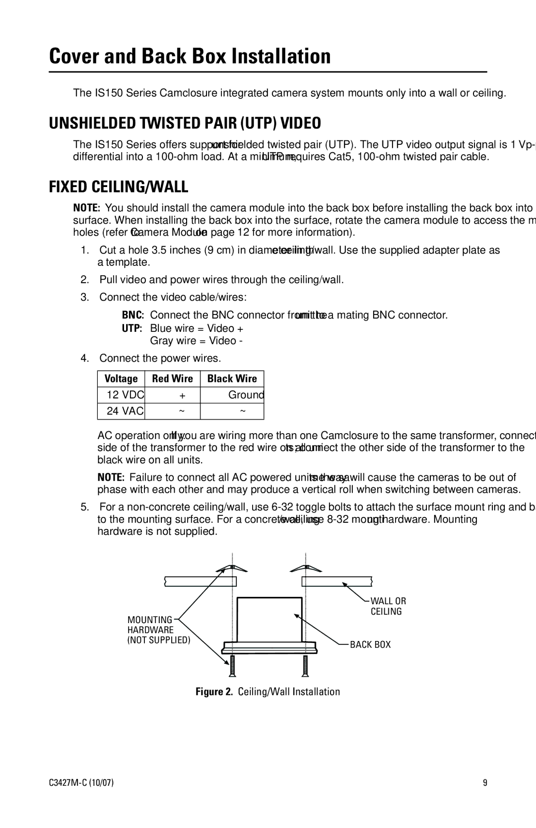 Pelco IS150 manual Cover and Back Box Installation, Unshielded Twisted Pair UTP Video, Fixed CEILING/WALL 