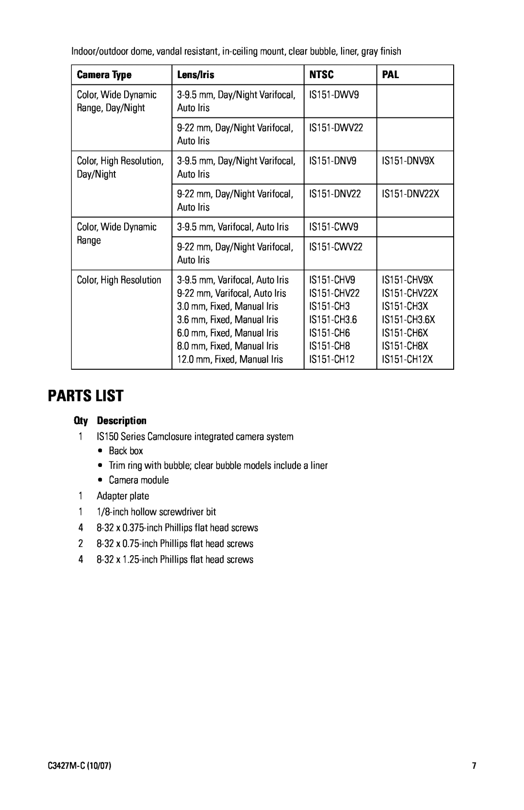 Pelco IS150 manual Parts List, Qty Description, Camera Type, Lens/Iris, Ntsc 