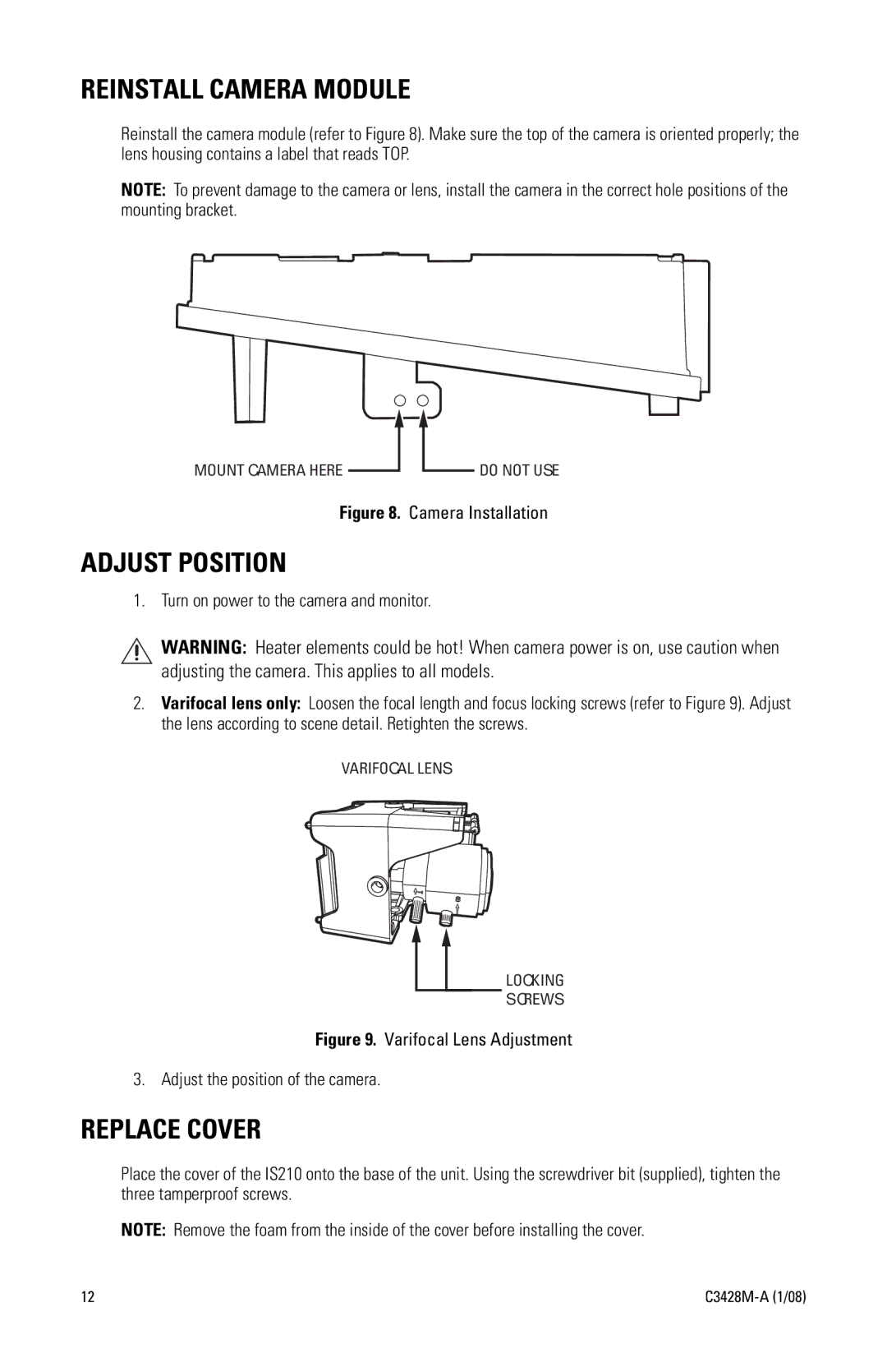 Pelco IS210 manual Reinstall Camera Module, Adjust Position, Replace Cover 