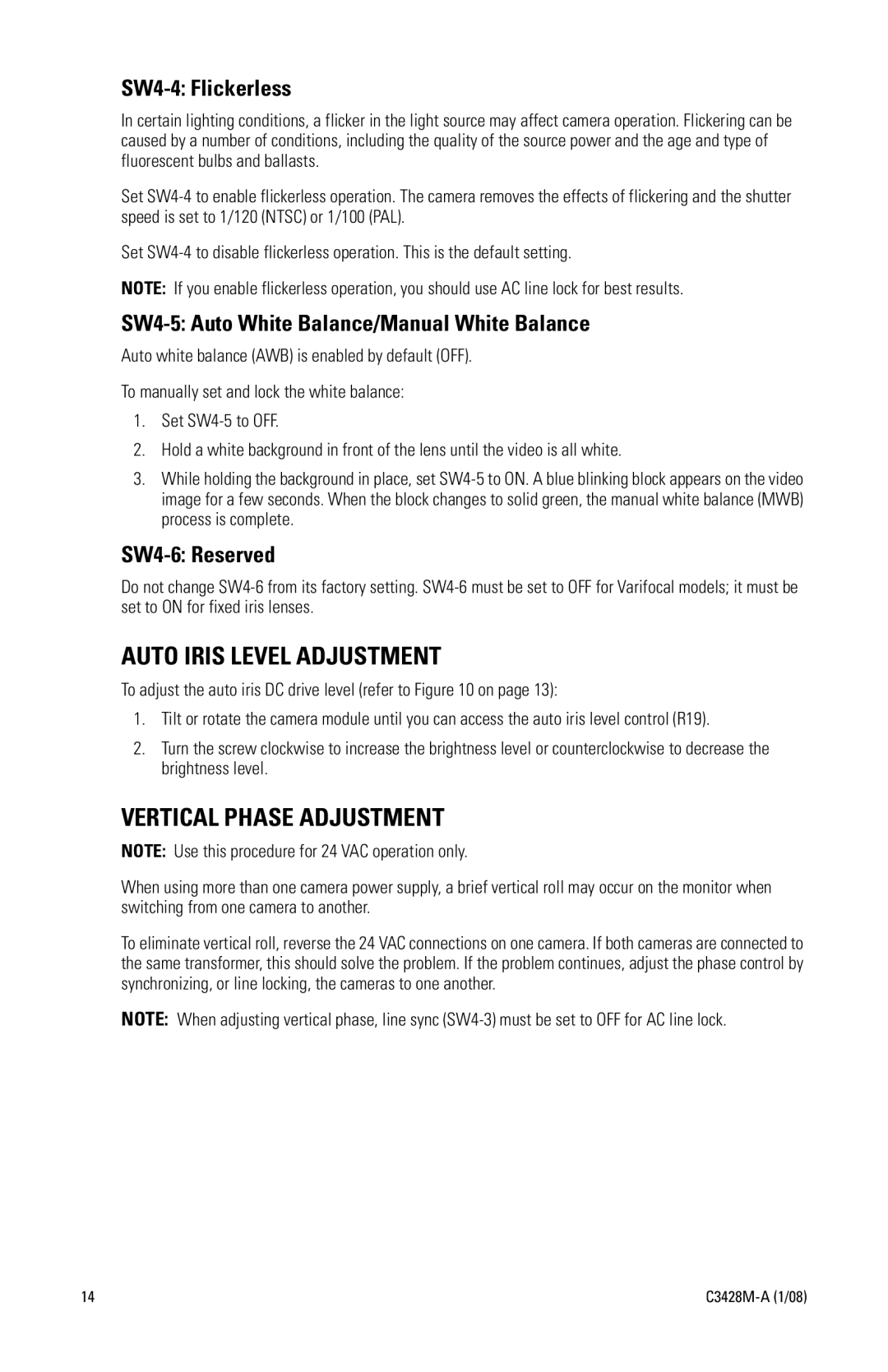 Pelco IS210 manual Auto Iris Level Adjustment, Vertical Phase Adjustment, SW4-4 Flickerless, SW4-6 Reserved 