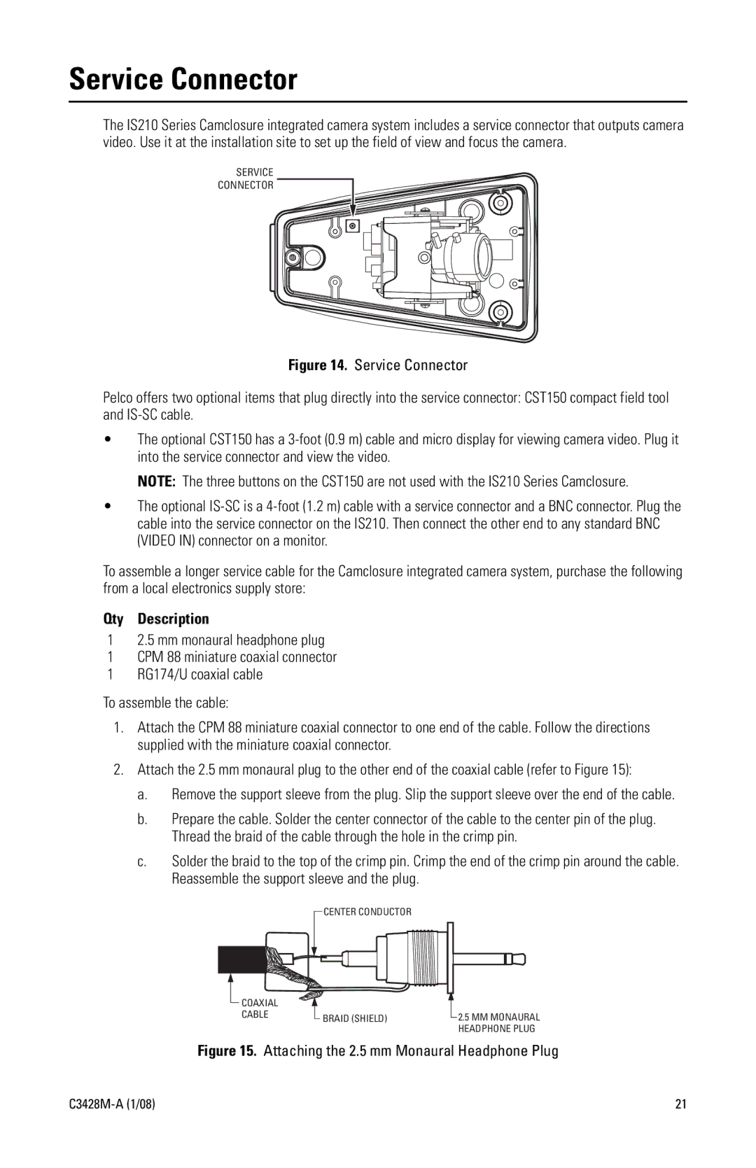 Pelco IS210 manual Service Connector, Attaching the 2.5 mm Monaural Headphone Plug 