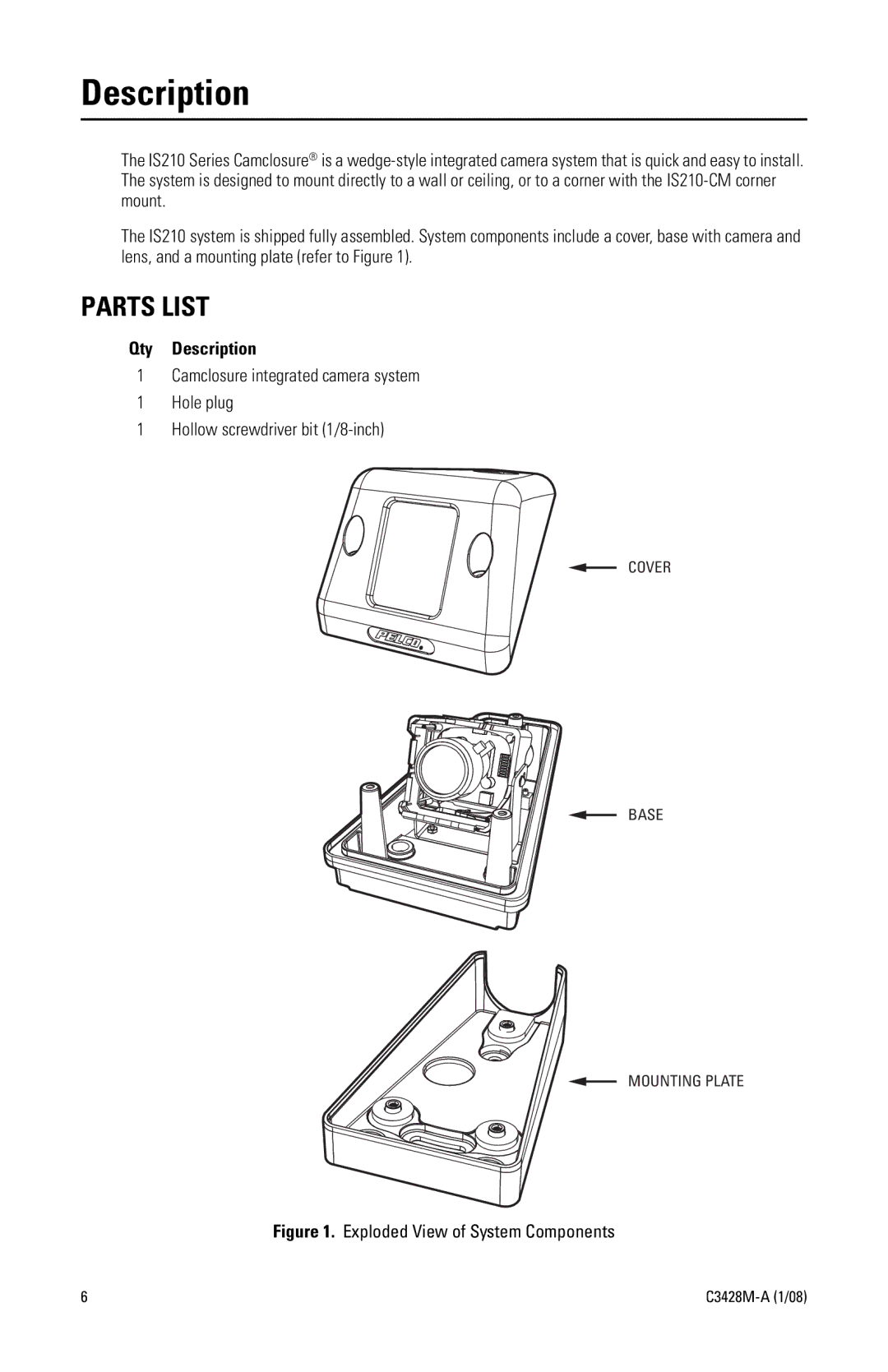 Pelco IS210 manual Description, Parts List 