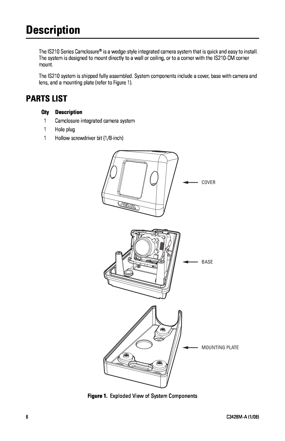 Pelco IS210 manual Parts List, Qty Description 