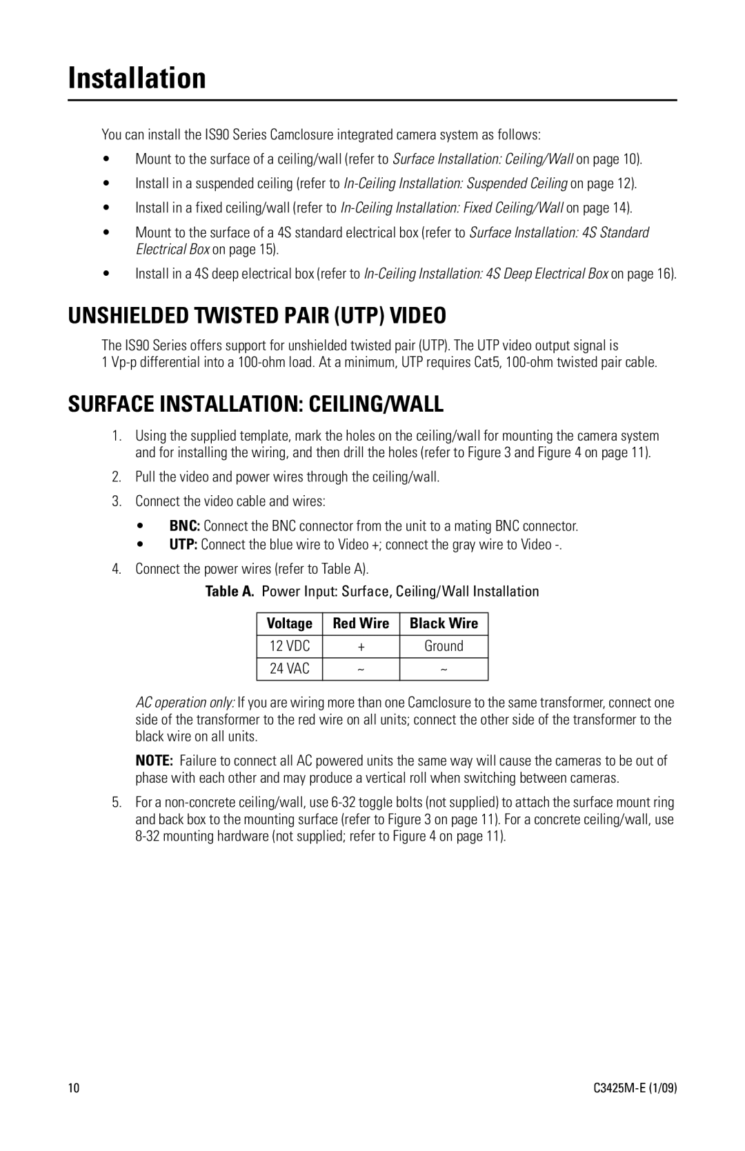 Pelco IS90 manual Unshielded Twisted Pair UTP Video, Surface Installation CEILING/WALL 