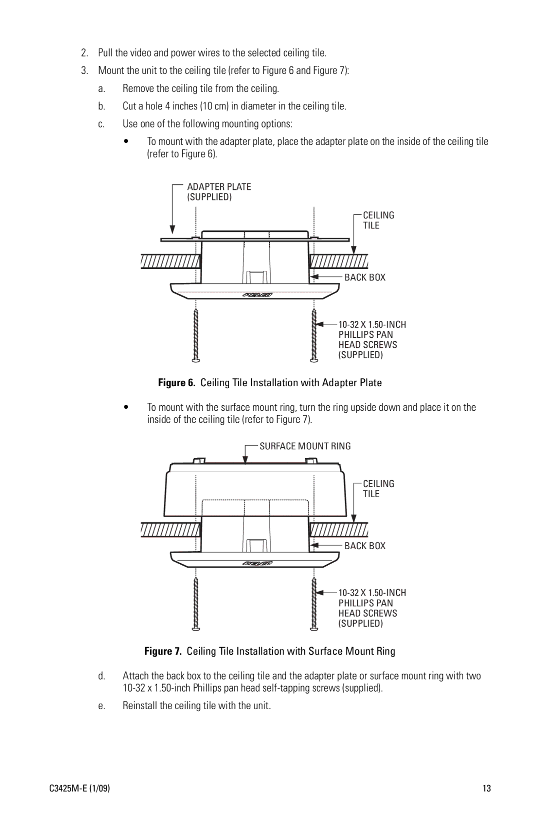 Pelco IS90 manual Ceiling Tile Installation with Surface Mount Ring 