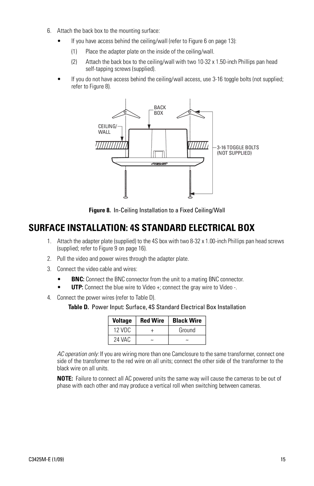 Pelco IS90 manual Surface Installation 4S Standard Electrical BOX, In-Ceiling Installation to a Fixed Ceiling/Wall 