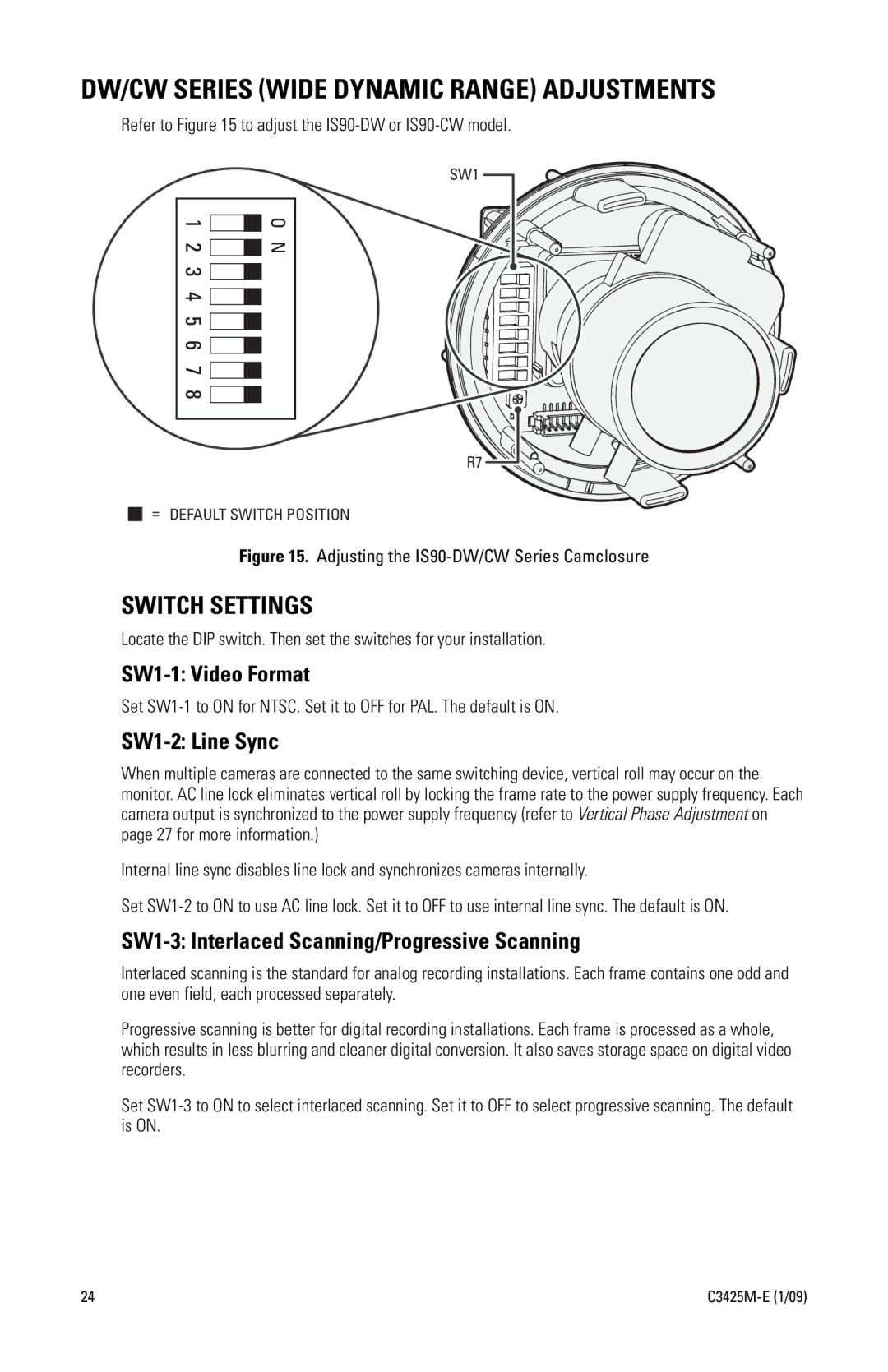 Pelco IS90 manual DW/CW Series Wide Dynamic Range Adjustments, SW1-2 Line Sync 