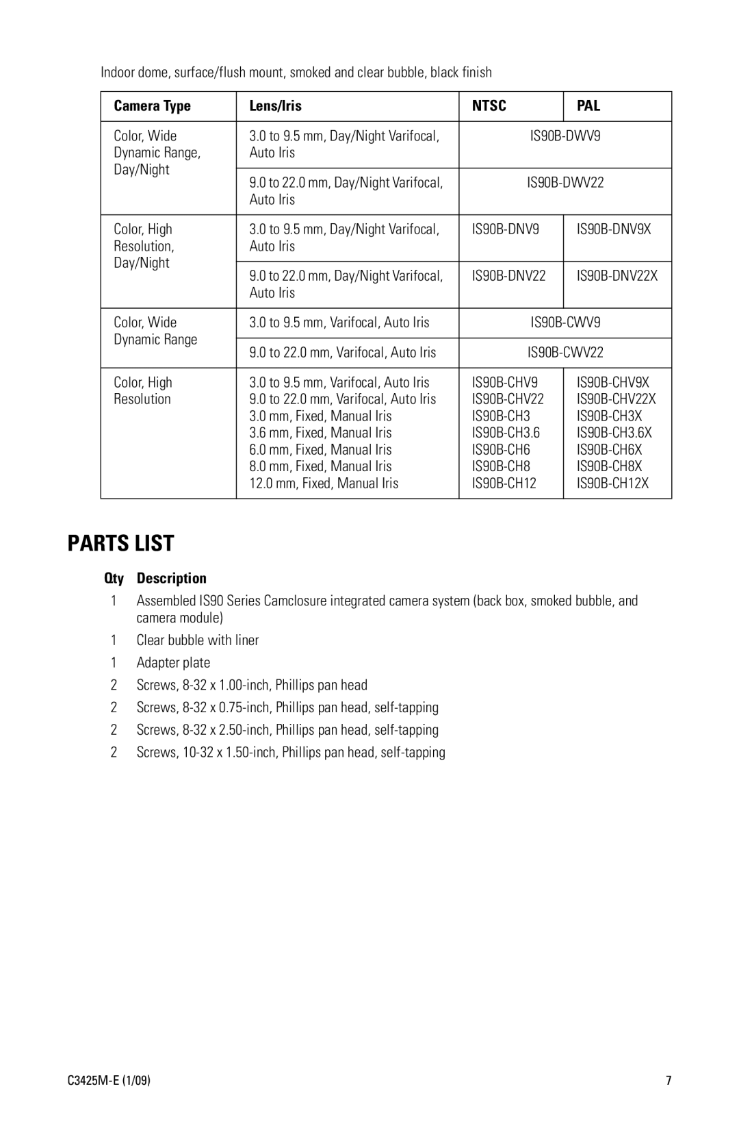 Pelco manual Parts List, IS90B-DNV9 IS90B-DNV9X 