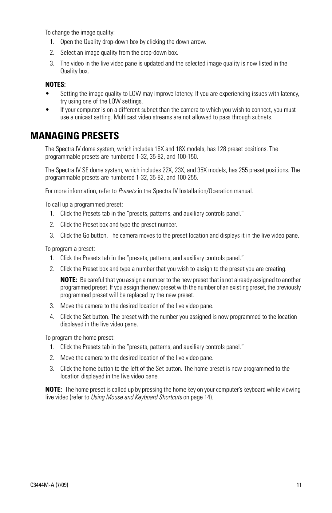 Pelco IV IP manual Managing Presets 