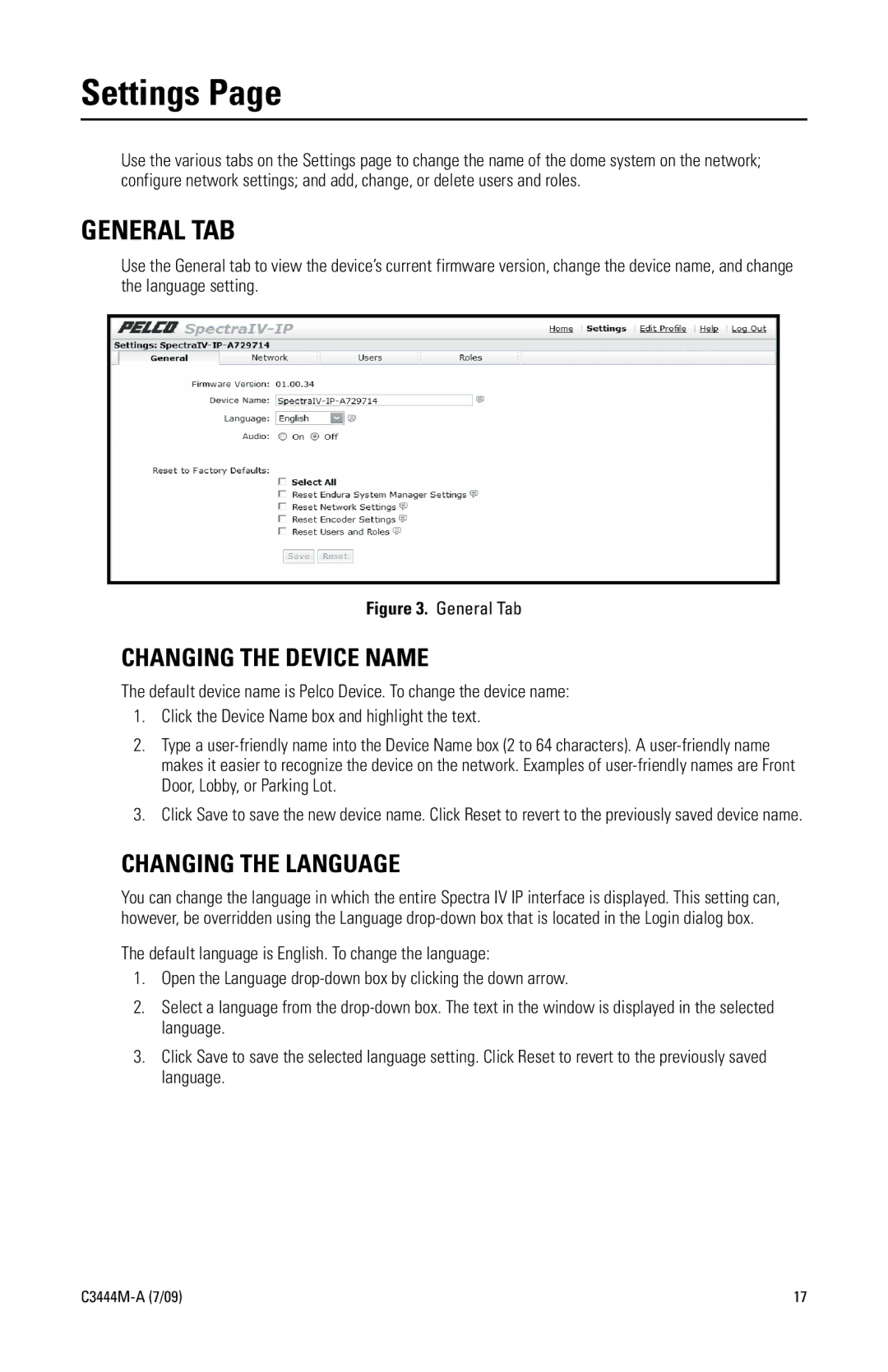 Pelco IV IP manual Settings, General TAB, Changing the Device Name, Changing the Language 