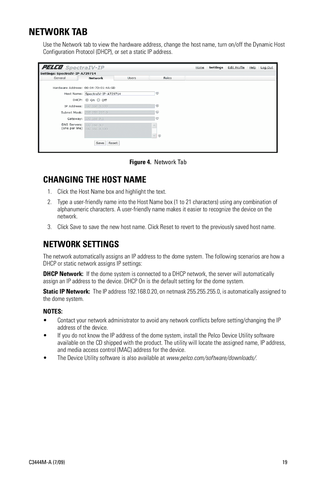 Pelco IV IP manual Network TAB, Changing the Host Name, Network Settings 