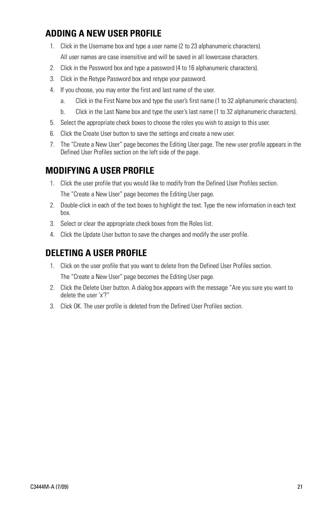 Pelco IV IP manual Adding a NEW User Profile, Modifying a User Profile, Deleting a User Profile 