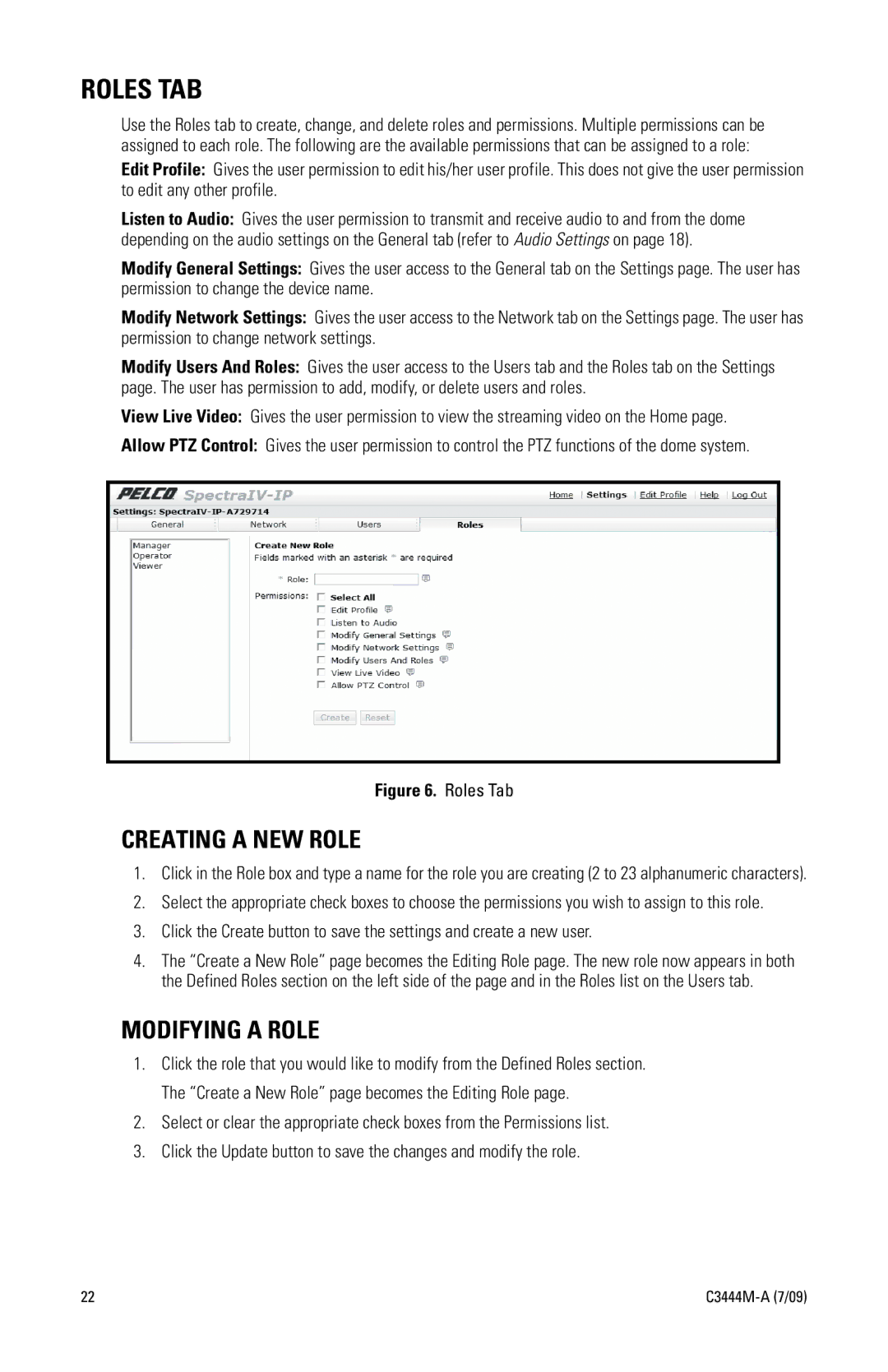 Pelco IV IP manual Roles TAB, Creating a NEW Role, Modifying a Role 