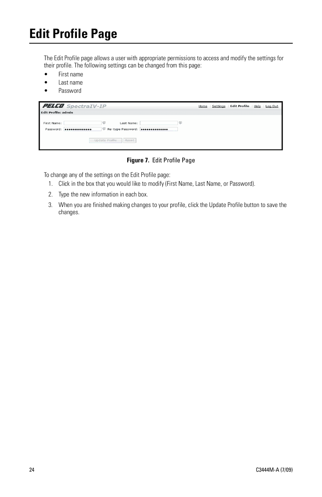 Pelco IV IP manual Edit Profile, First name Last name Password 