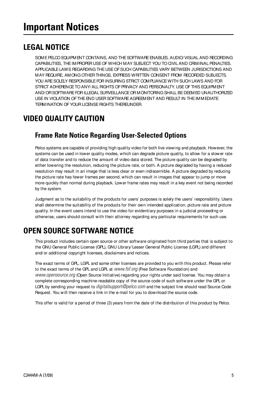 Pelco IV IP manual Important Notices, Legal Notice, Video Quality Caution, Open Source Software Notice 