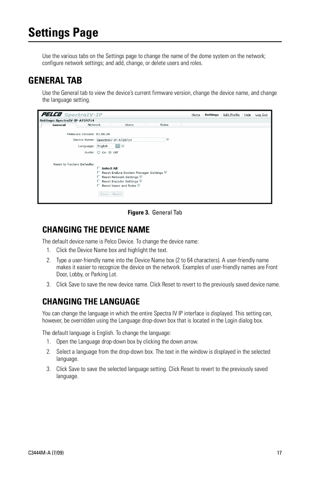 Pelco IV IP manual Settings Page, General Tab, Changing The Device Name, Changing The Language 
