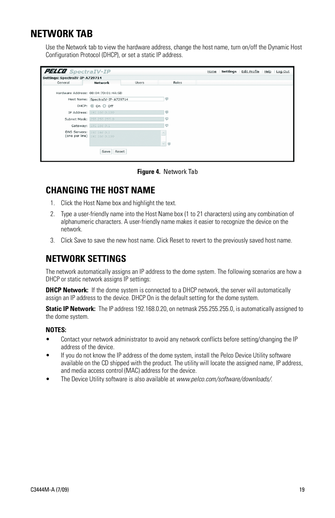 Pelco IV IP manual Network Tab, Changing The Host Name, Network Settings 