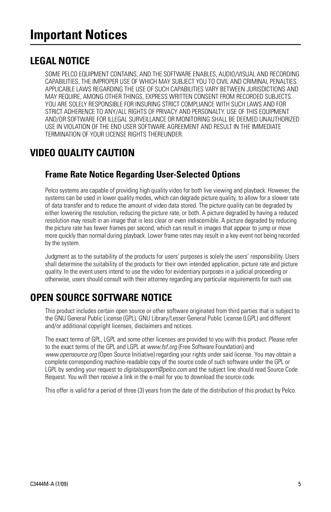 Pelco IV IP manual Important Notices, Legal Notice, Video Quality Caution, Open Source Software Notice 