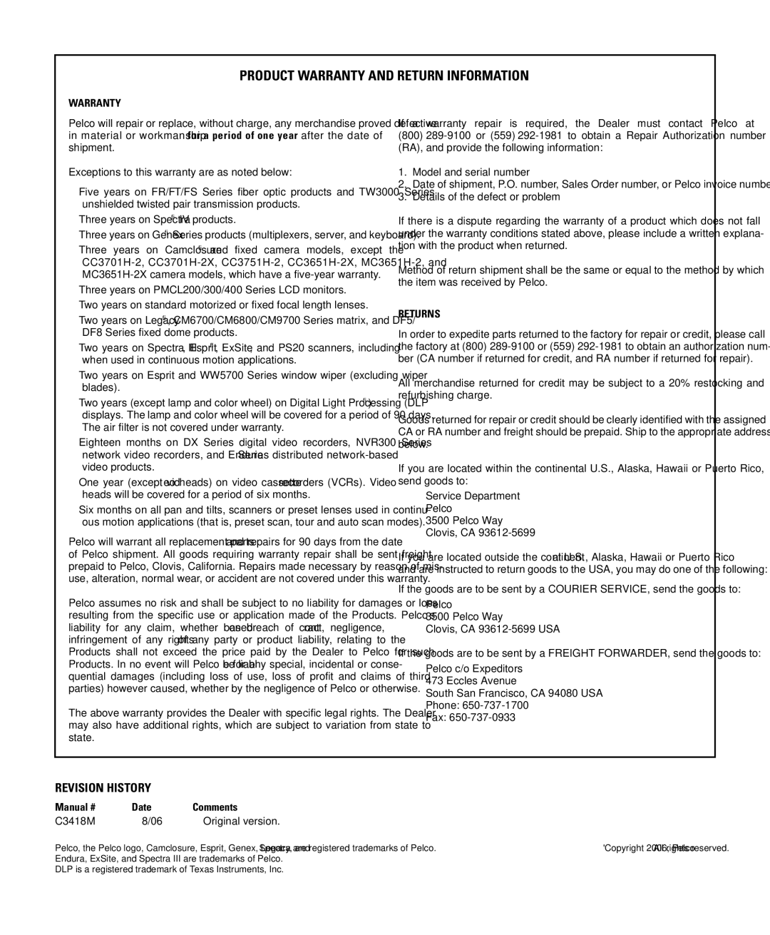 Pelco IV SE SERIES manual Product Warranty and Return Information 