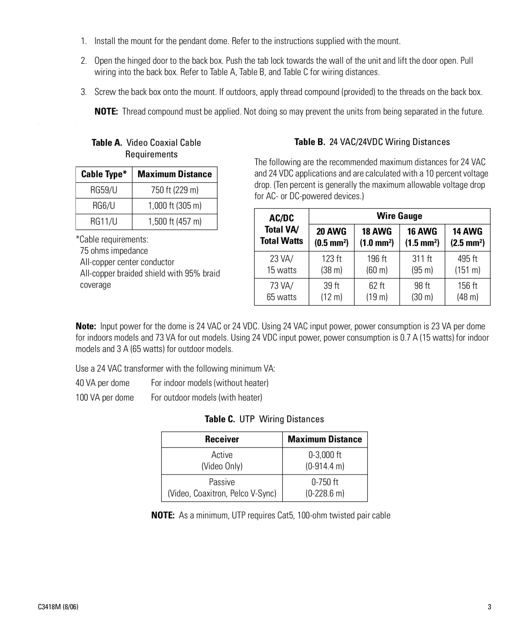 Pelco IV SE SERIES manual Table A. Video Coaxial Cable Requirements, Table C. UTP Wiring Distances 