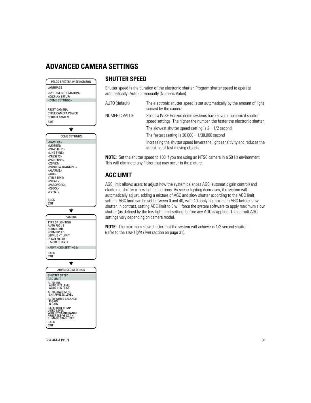 Pelco IV SE manual Advanced Camera Settings, Shutter Speed, AGC Limit, Numeric Value 