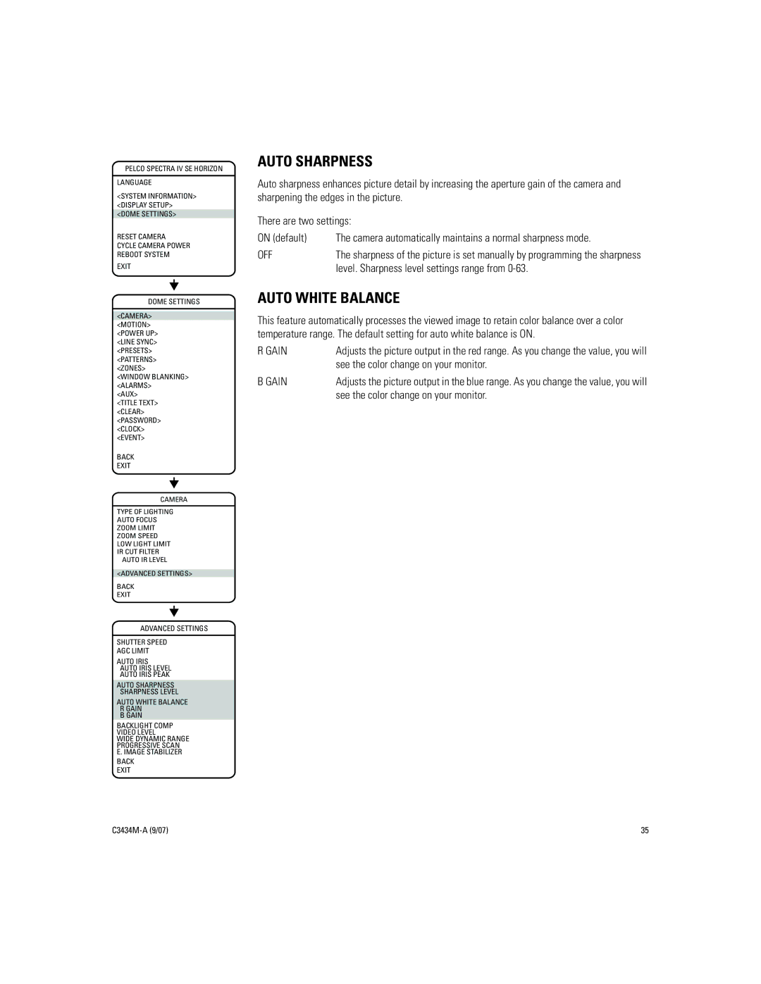 Pelco IV SE manual Auto Sharpness, Auto White Balance, Level. Sharpness level settings range from, Gain 