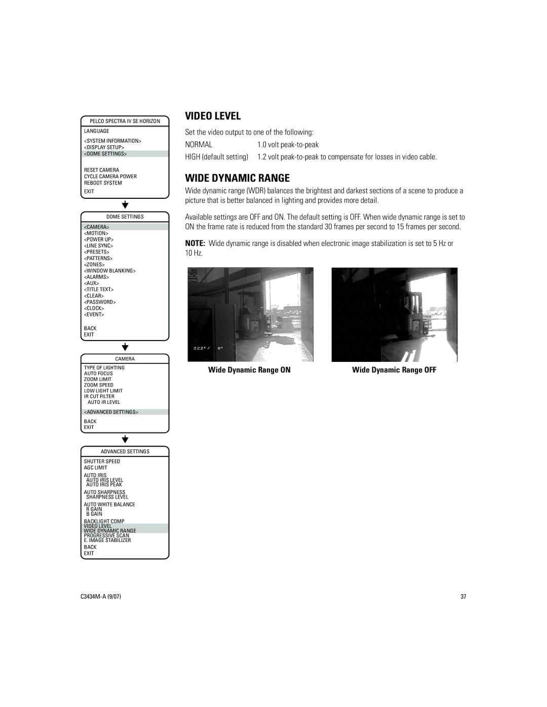 Pelco IV SE manual Video Level, Wide Dynamic Range, Set the video output to one of the following, Normal, Volt peak-to-peak 