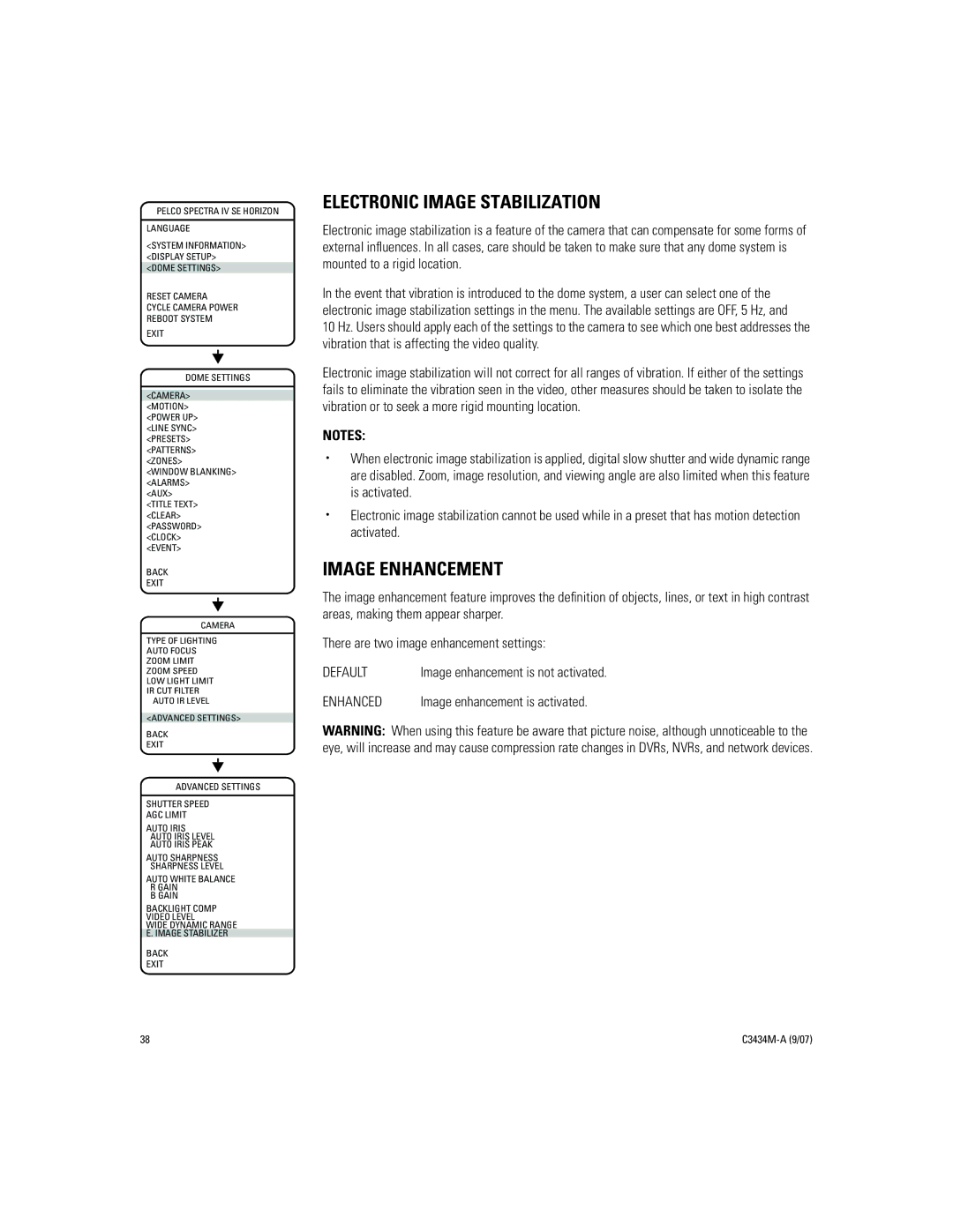 Pelco IV SE manual Electronic Image Stabilization, Image Enhancement, Default, Enhanced 