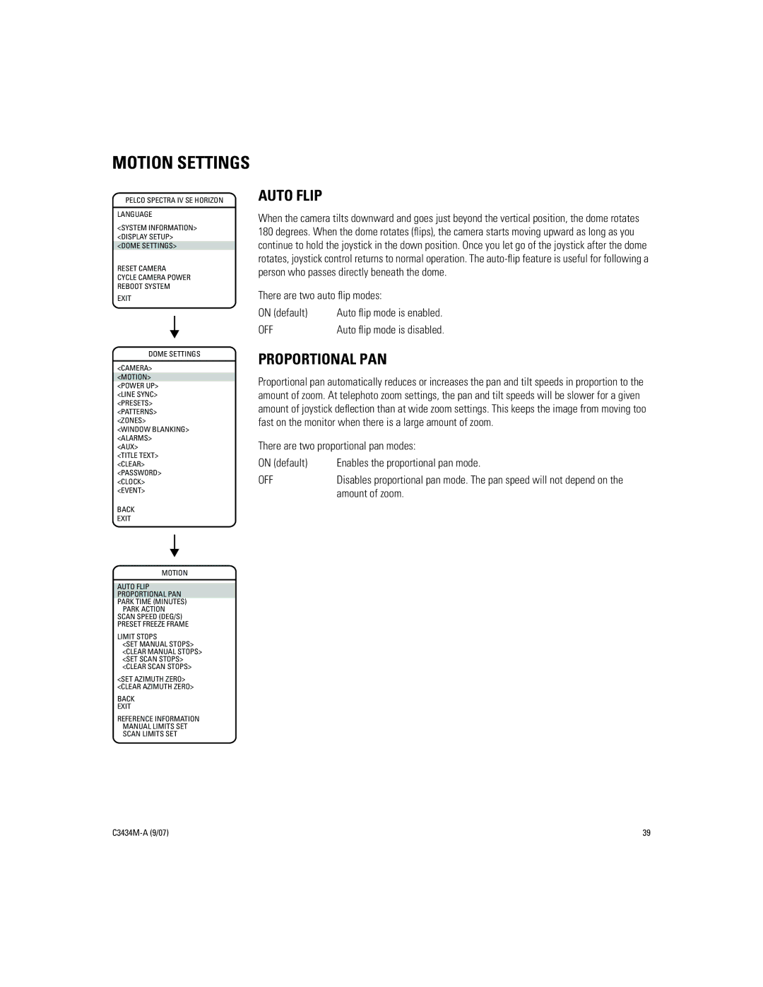 Pelco IV SE manual Motion Settings, Auto Flip, Proportional PAN, There are two auto ﬂip modes On default, Amount of zoom 