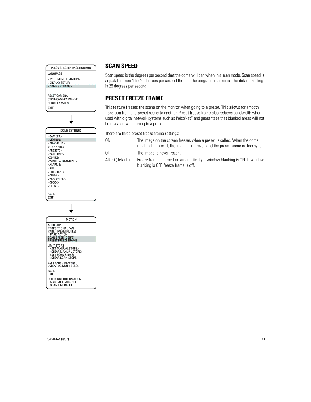 Pelco IV SE manual Scan Speed, Preset Freeze Frame, There are three preset freeze frame settings, Image is never frozen 