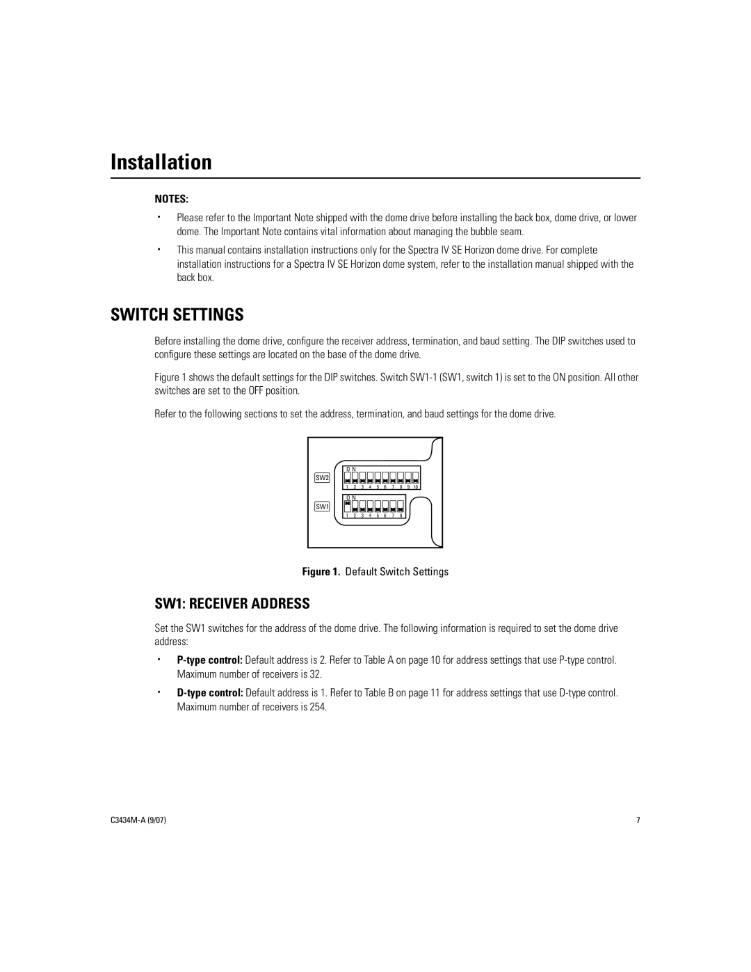 Pelco IV SE manual Installation, Switch Settings, SW1 Receiver Address 