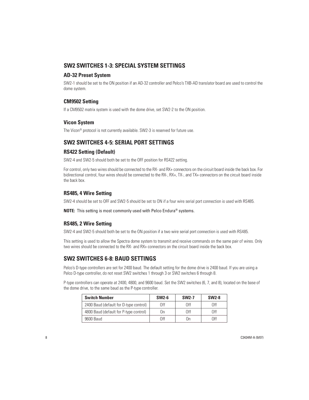 Pelco IV SE manual SW2 Switches 1-3 Special System Settings, SW2 Switches 4-5 Serial Port Settings, Baud 