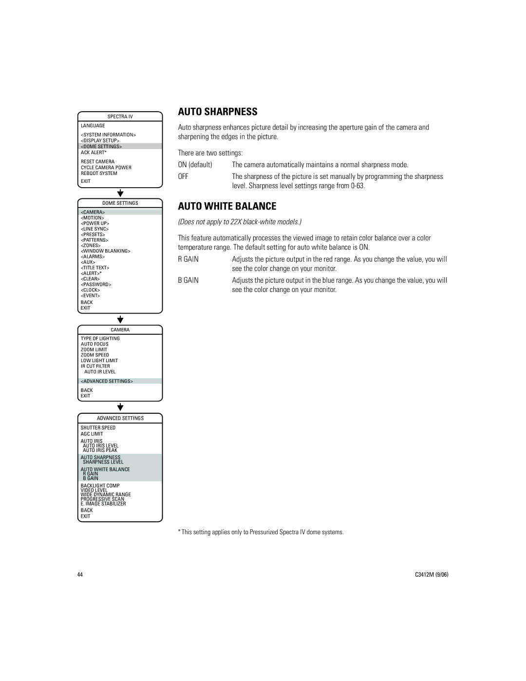 Pelco IV SE manual Auto Sharpness, Auto White Balance, Level. Sharpness level settings range from, Gain 
