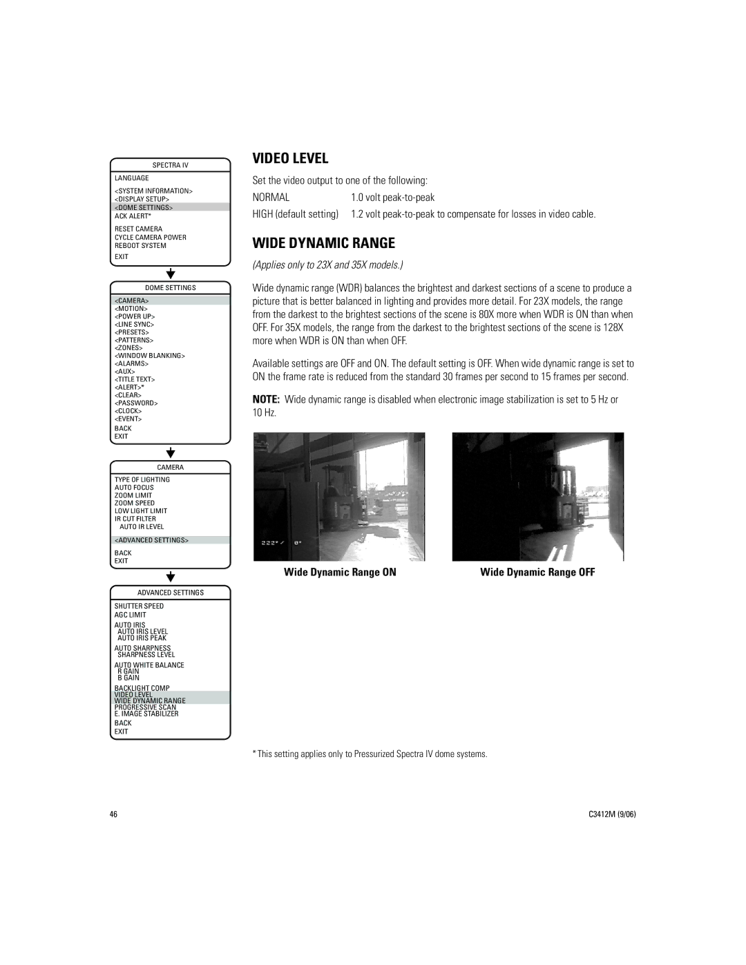 Pelco IV SE manual Video Level, Wide Dynamic Range, Set the video output to one of the following, Normal, Volt peak-to-peak 