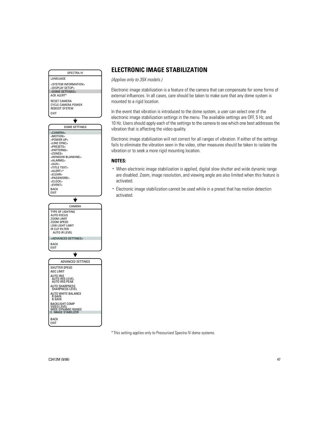 Pelco IV SE manual Electronic Image Stabilization, Applies only to 35X models 