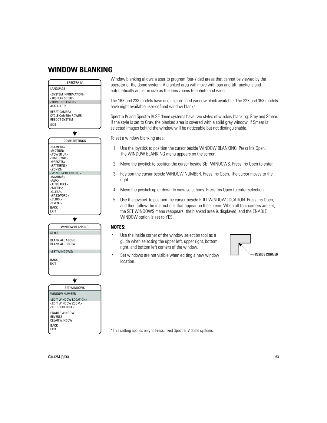 Pelco IV SE manual Window Blanking, To set a window blanking area 