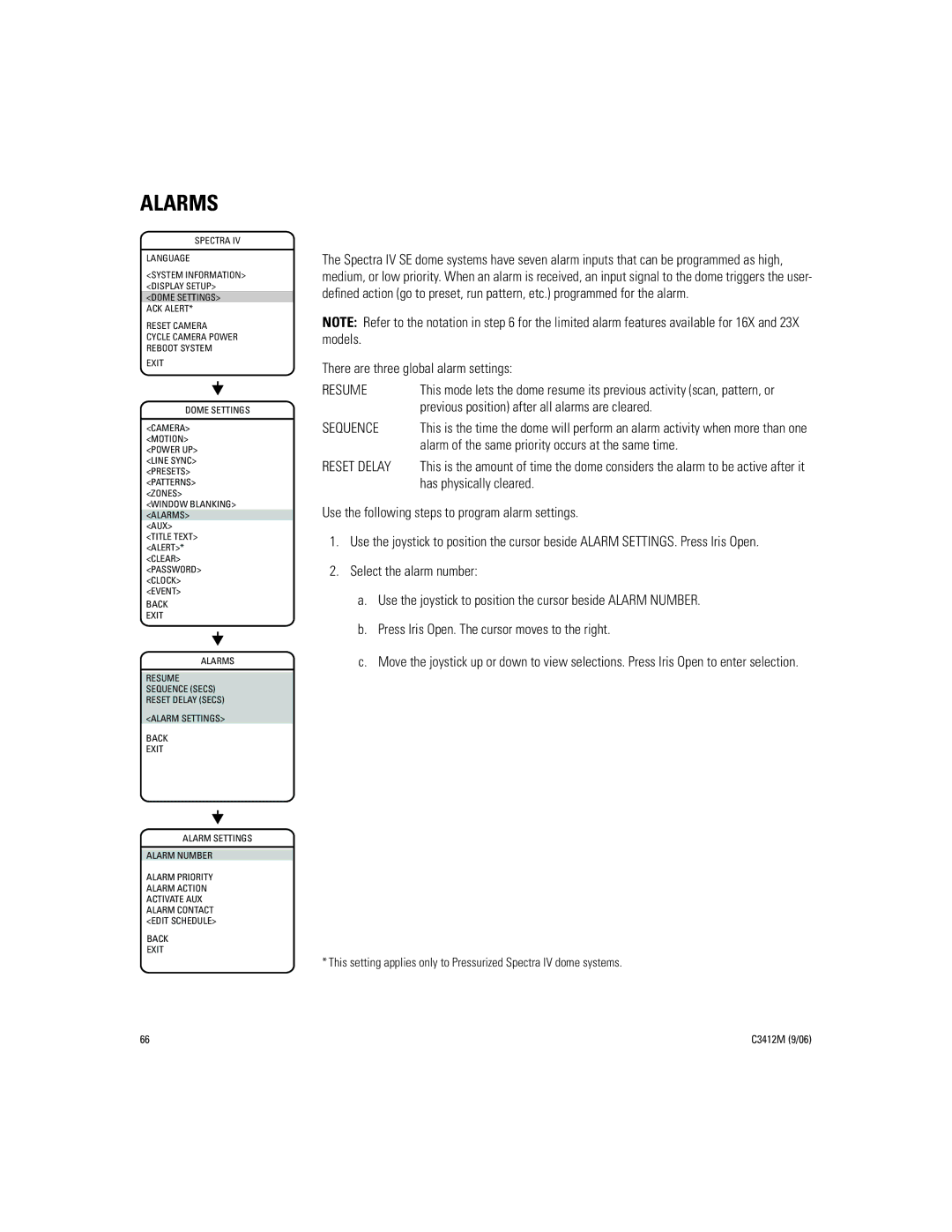 Pelco IV SE manual Alarms, Resume, Sequence, Reset Delay 