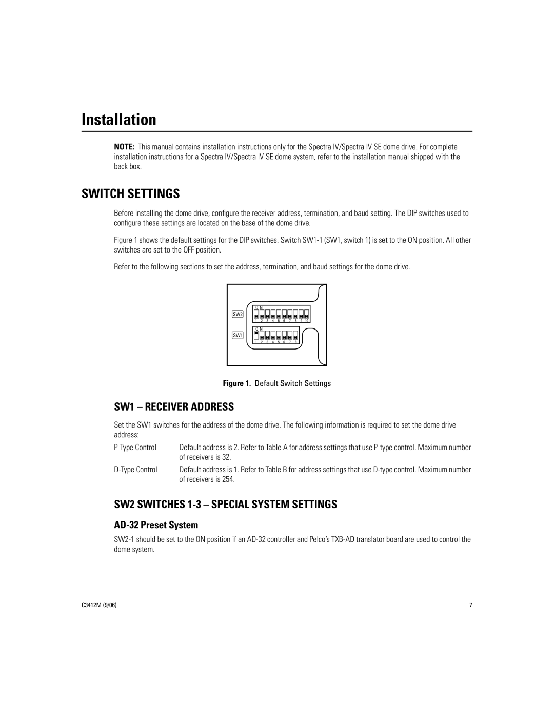 Pelco IV SE Installation, Switch Settings, SW1 Receiver Address, SW2 Switches 1-3 Special System Settings, Receivers is 