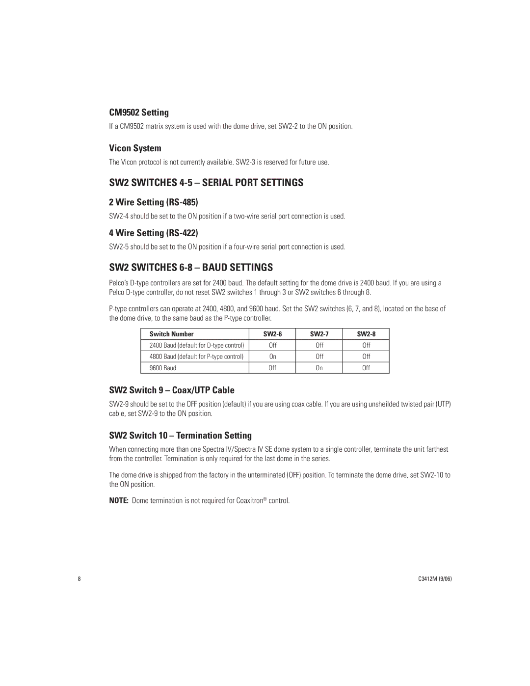 Pelco IV SE manual SW2 Switches 4-5 Serial Port Settings, SW2 Switches 6-8 Baud Settings 