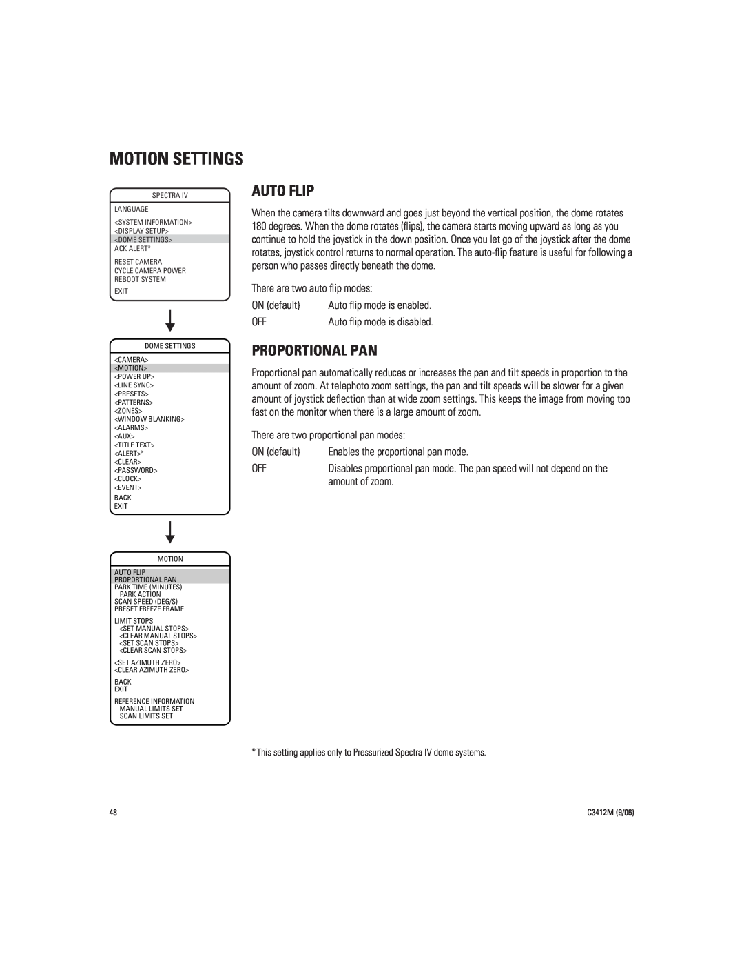 Pelco IV SE manual Motion Settings, Auto Flip, Proportional Pan 