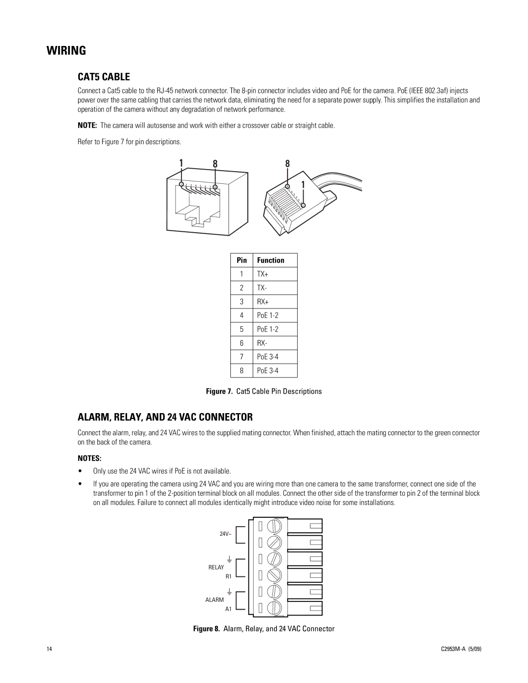 Pelco IXE manual Wiring, CAT5 Cable, ALARM, RELAY, and 24 VAC Connector 