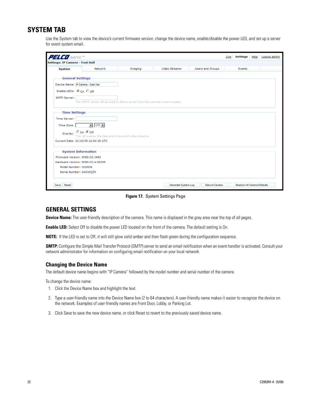 Pelco IXE manual System TAB, General Settings, Changing the Device Name 