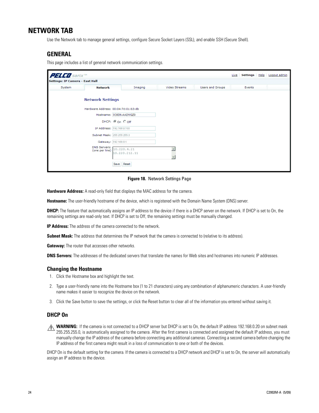 Pelco IXE manual Network TAB, General, Changing the Hostname, Dhcp On 