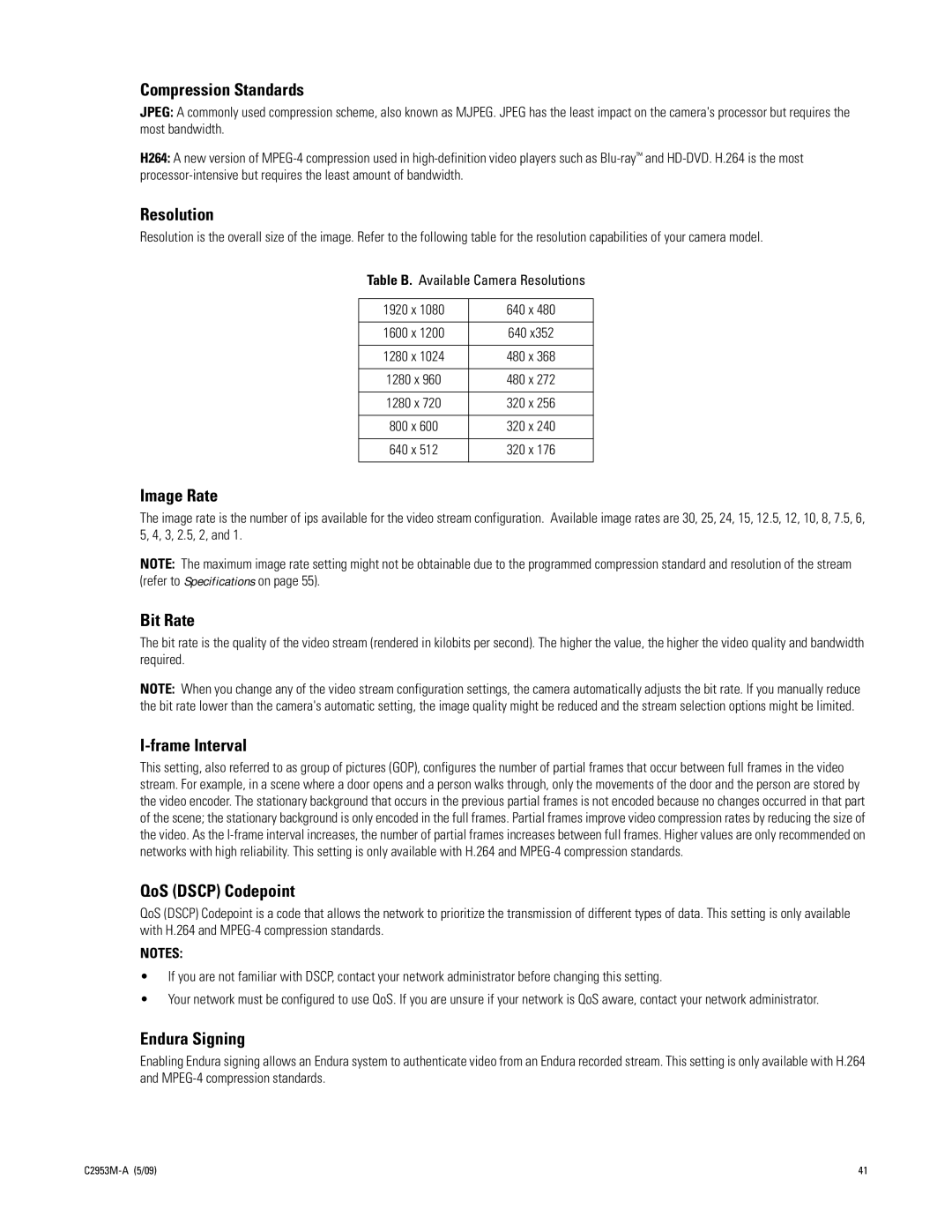 Pelco IXE Compression Standards, Resolution, Image Rate, Bit Rate, Frame Interval, QoS Dscp Codepoint, Endura Signing 