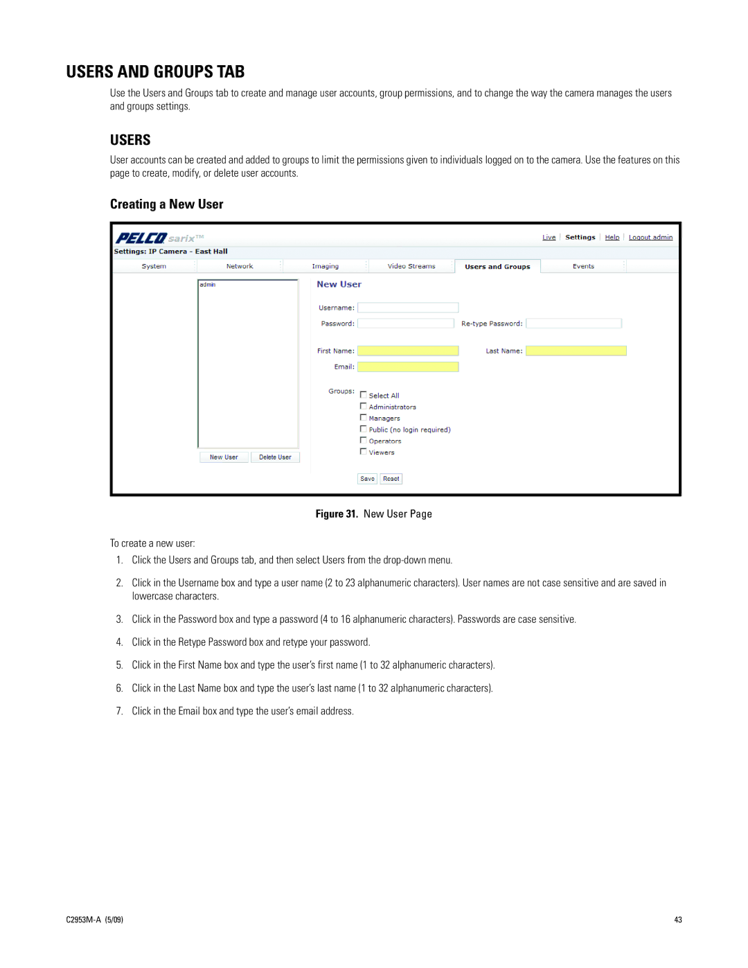 Pelco IXE manual Users and Groups TAB, Creating a New User 