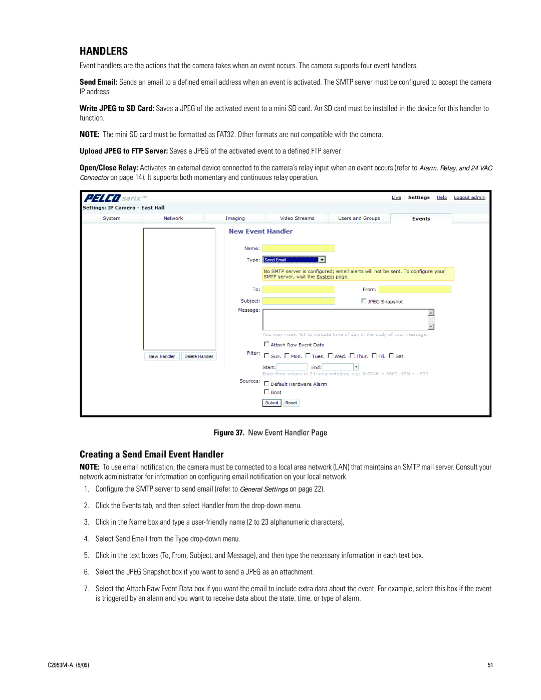 Pelco IXE manual Handlers, Creating a Send Email Event Handler 