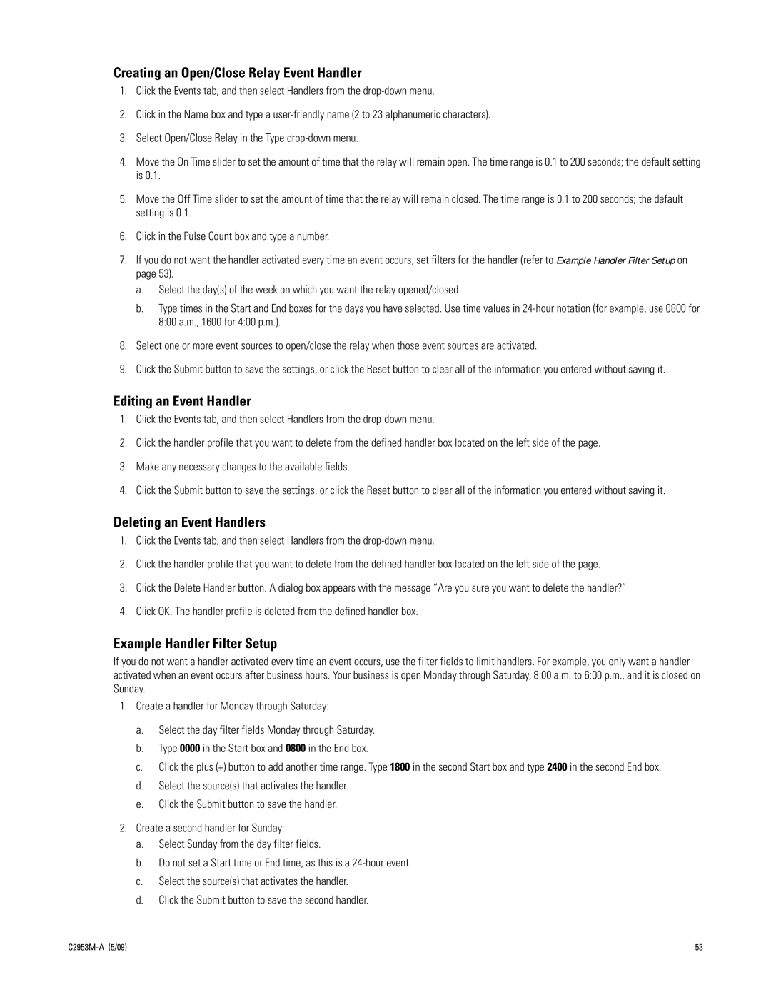 Pelco IXE manual Creating an Open/Close Relay Event Handler, Editing an Event Handler, Deleting an Event Handlers 