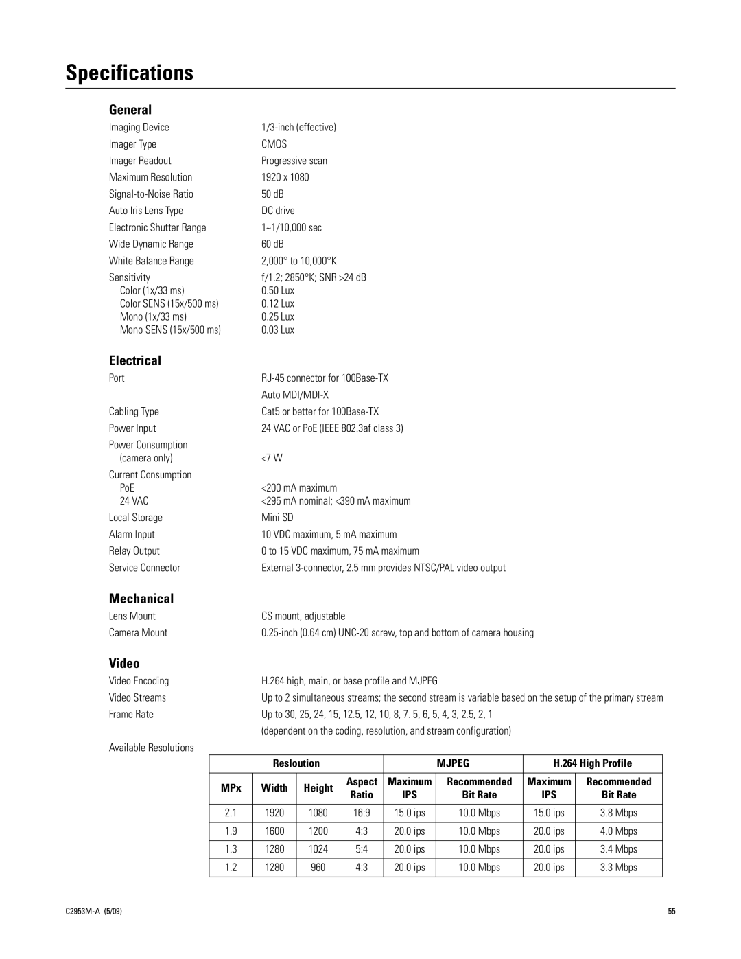 Pelco IXE manual Specifications, General, Electrical, Mechanical, Video 