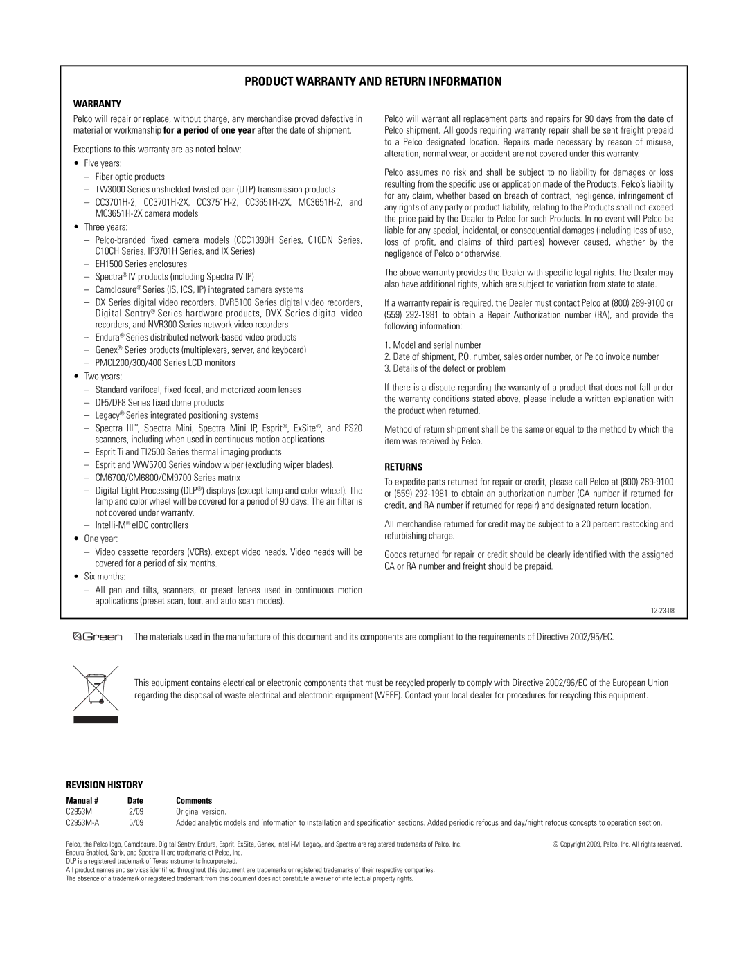 Pelco IXE manual Product Warranty and Return Information 