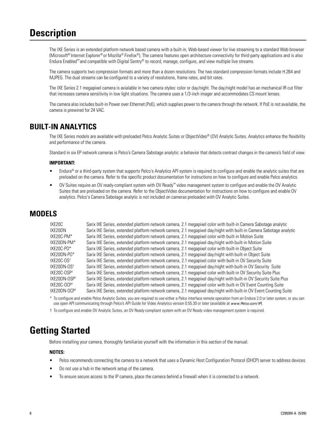 Pelco IXE manual Description, Getting Started, BUILT-IN Analytics, Models 